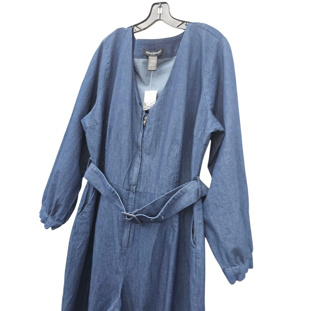 Ashley Stewart Woman Plus 18 Denim Jogger Jumpsuit Blue Dark Wash Belt Full Zip - Picture 6 of 15